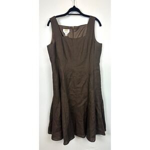 Talbots Chocolate Brown Irish Linen Square Neck Fit Flare Dress 12P Lagenlook